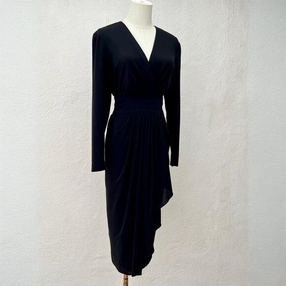 Vintage 80s Rimini Long Sleeve V-Neck Draped Tea Length Midi Black Dress Size 6 - Picture 14 of 14